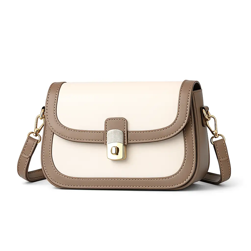 Beige Sling Crossbody Bag with Two-Tone Color and Gold Clasp