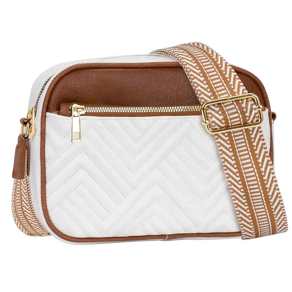 White Crossbody Bag In Pu Leather With Cute Adjustable Geometric Strap