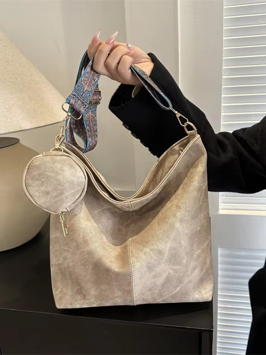 Denim Shoulder Bag with Boho Strap & Mini Pouch – Lightweight Daily Tote